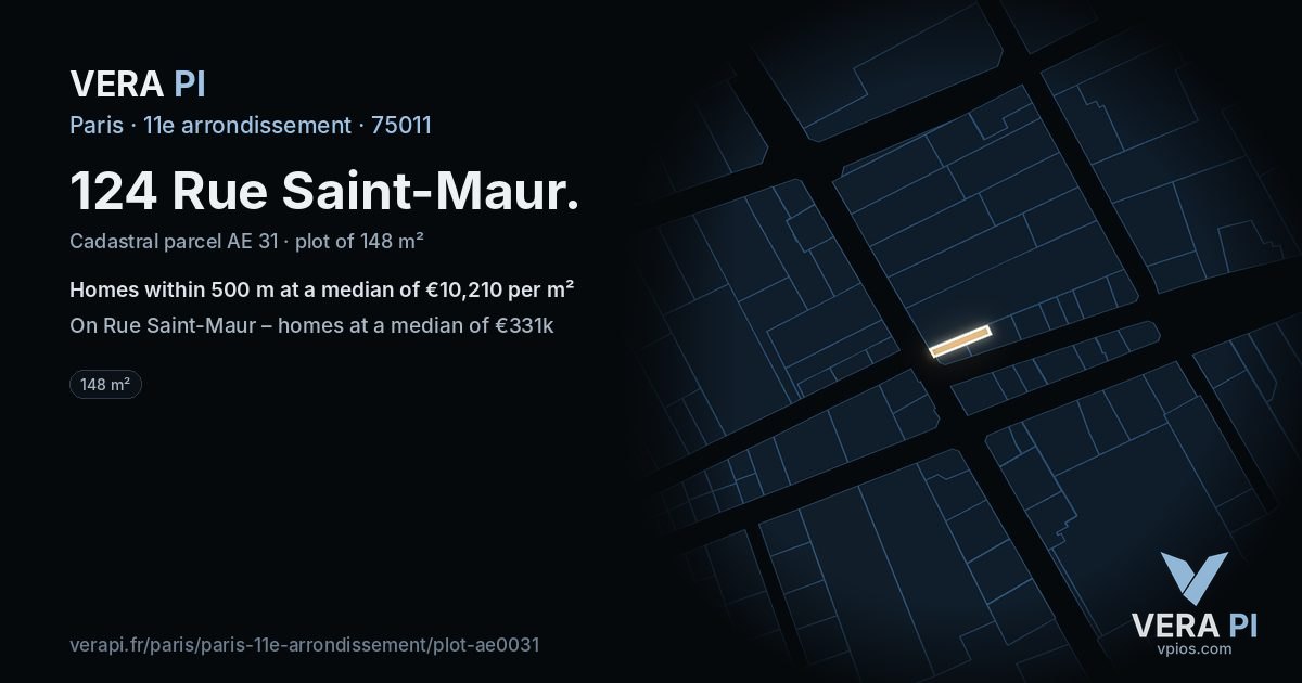 124 Rue Saint-Maur, 11e arrondissement at night – the plot lit, the parcels around coloured by the prices near them