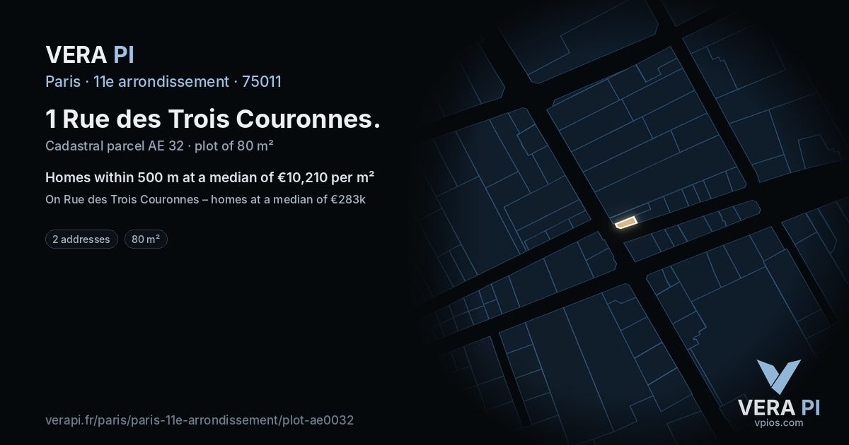 1 Rue des Trois Couronnes, 11e arrondissement at night – the plot lit, the parcels around coloured by the prices near them
