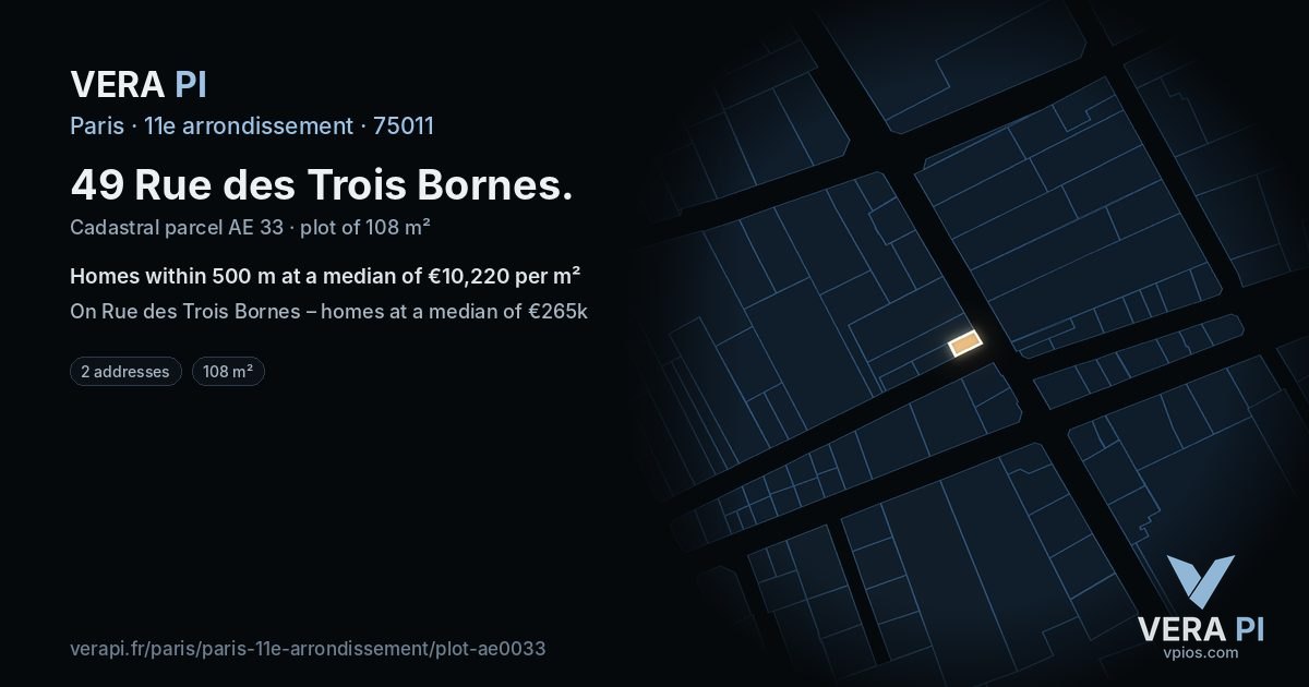 49 Rue des Trois Bornes, 11e arrondissement at night – the plot lit, the parcels around coloured by the prices near them