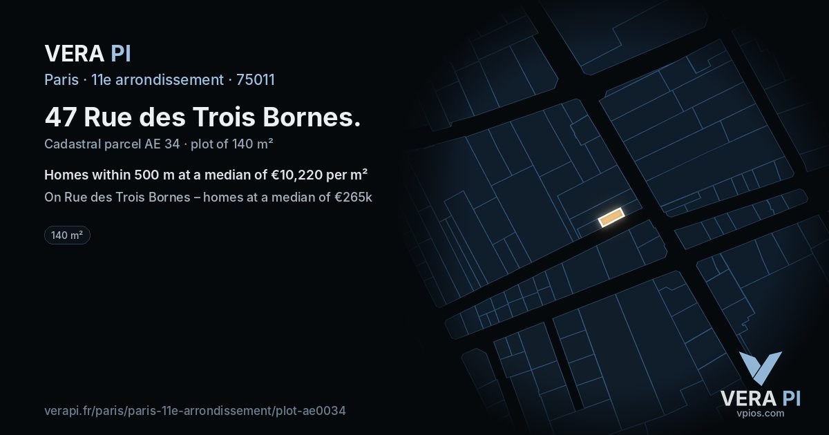 47 Rue des Trois Bornes, 11e arrondissement at night – the plot lit, the parcels around coloured by the prices near them
