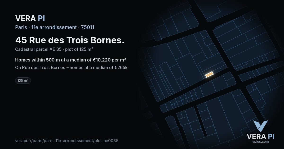 45 Rue des Trois Bornes, 11e arrondissement at night – the plot lit, the parcels around coloured by the prices near them