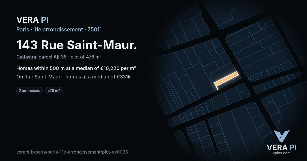 143 Rue Saint-Maur, 11e arrondissement at night – the plot lit, the parcels around coloured by the prices near them