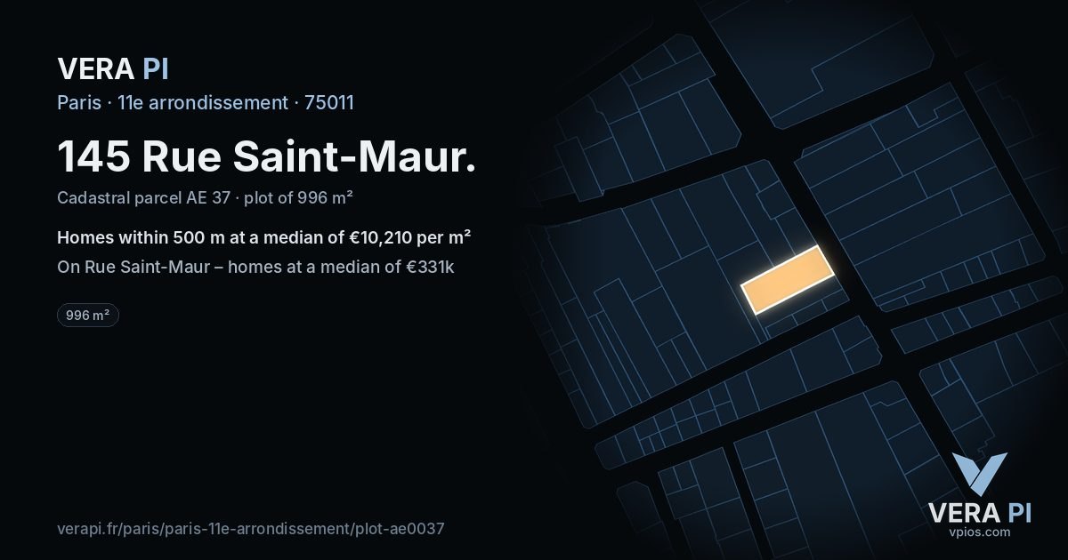 145 Rue Saint-Maur, 11e arrondissement at night – the plot lit, the parcels around coloured by the prices near them