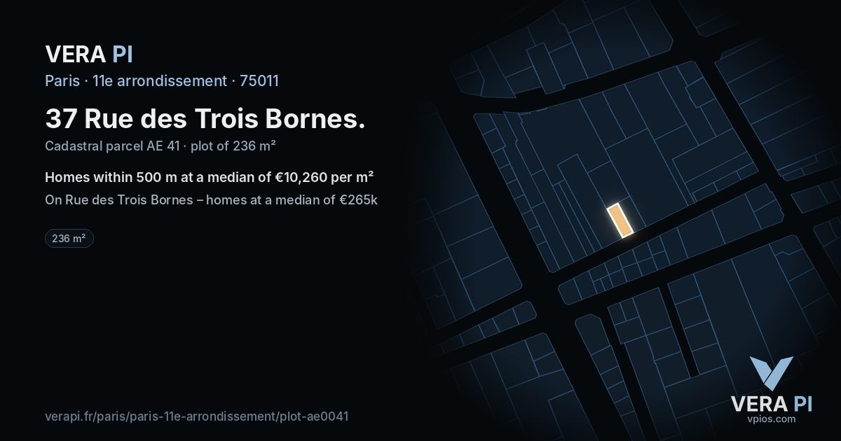 37 Rue des Trois Bornes, 11e arrondissement at night – the plot lit, the parcels around coloured by the prices near them