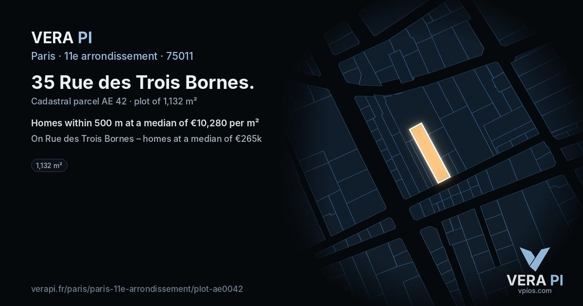 35 Rue des Trois Bornes, 11e arrondissement at night – the plot lit, the parcels around coloured by the prices near them