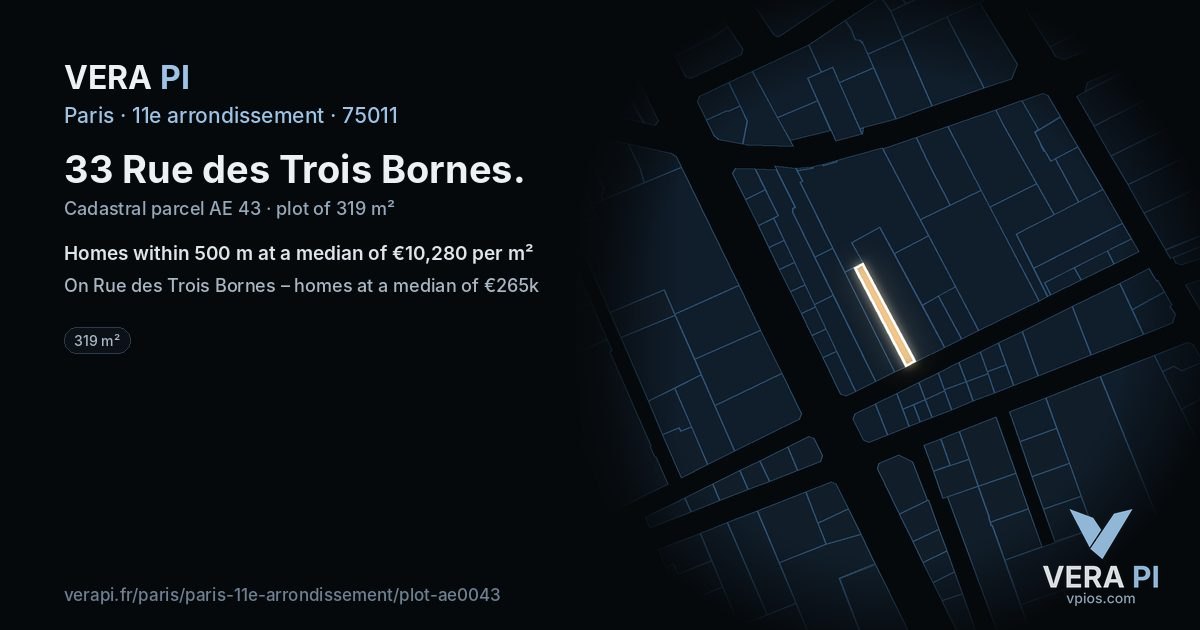 33 Rue des Trois Bornes, 11e arrondissement at night – the plot lit, the parcels around coloured by the prices near them