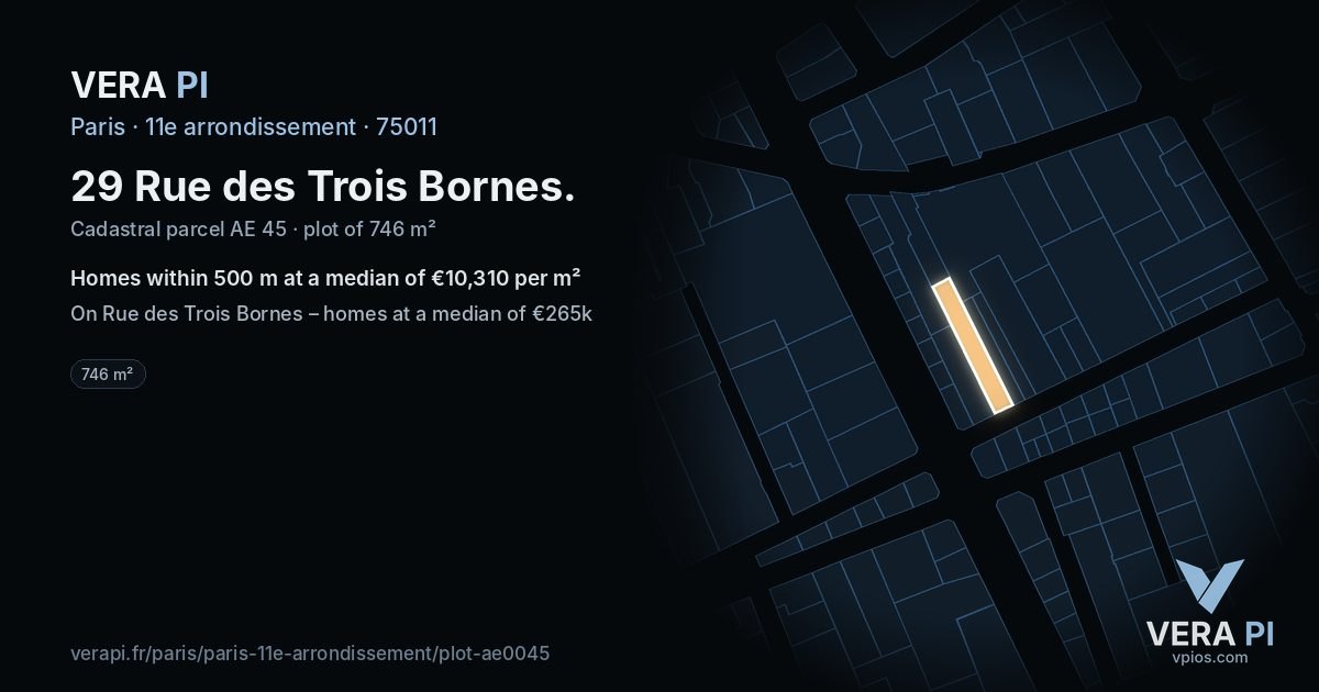 29 Rue des Trois Bornes, 11e arrondissement at night – the plot lit, the parcels around coloured by the prices near them