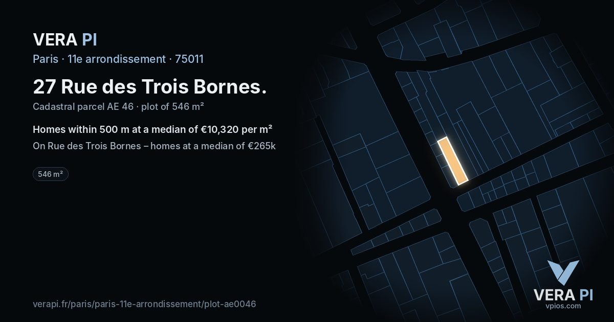 27 Rue des Trois Bornes, 11e arrondissement at night – the plot lit, the parcels around coloured by the prices near them