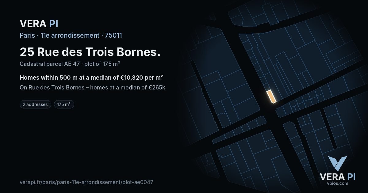 25 Rue des Trois Bornes, 11e arrondissement at night – the plot lit, the parcels around coloured by the prices near them