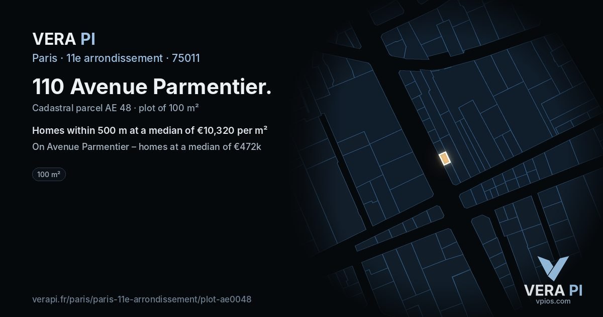 110 Avenue Parmentier, 11e arrondissement at night – the plot lit, the parcels around coloured by the prices near them