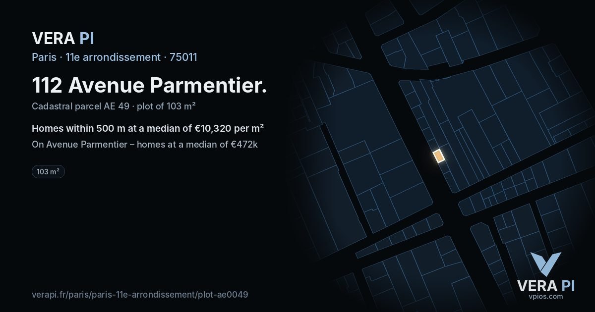 112 Avenue Parmentier, 11e arrondissement at night – the plot lit, the parcels around coloured by the prices near them