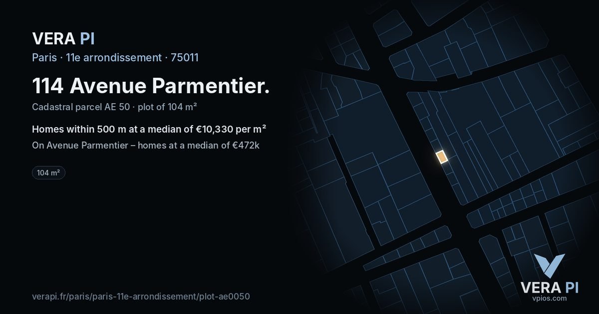 114 Avenue Parmentier, 11e arrondissement at night – the plot lit, the parcels around coloured by the prices near them