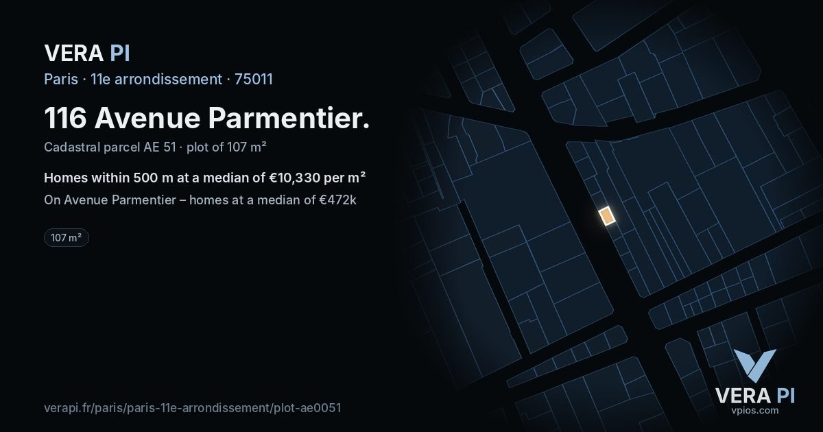 116 Avenue Parmentier, 11e arrondissement at night – the plot lit, the parcels around coloured by the prices near them