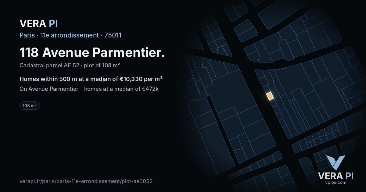 118 Avenue Parmentier, 11e arrondissement at night – the plot lit, the parcels around coloured by the prices near them