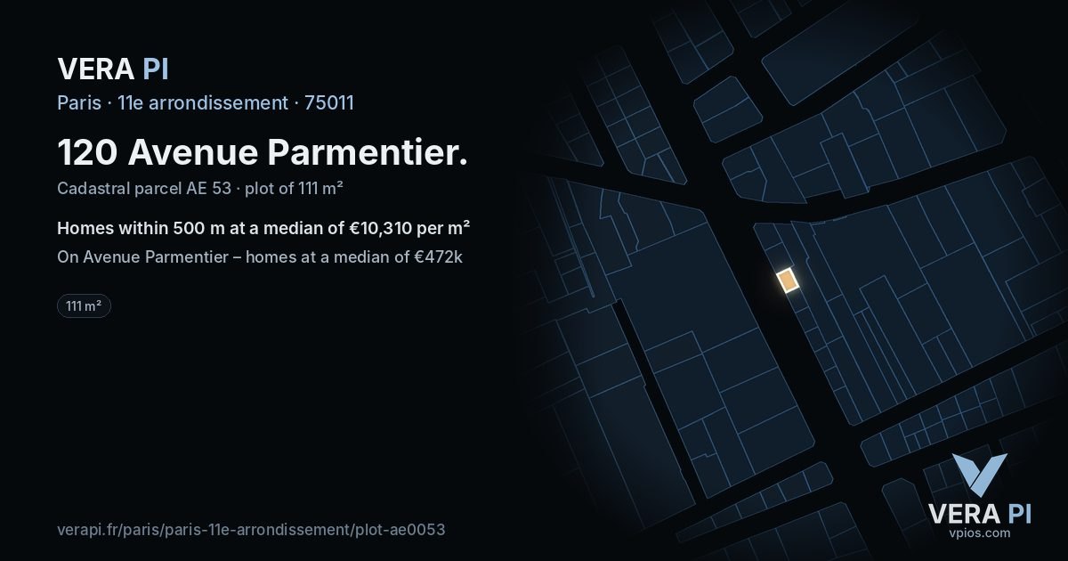 120 Avenue Parmentier, 11e arrondissement at night – the plot lit, the parcels around coloured by the prices near them