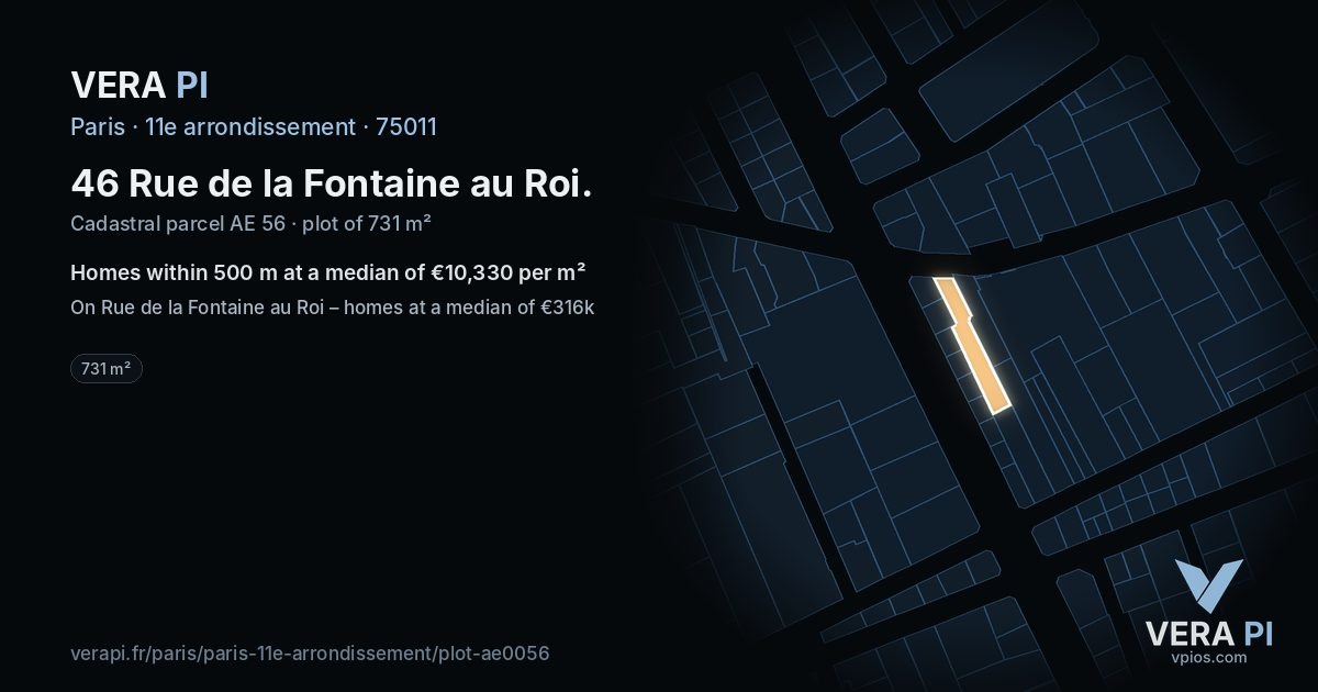 46 Rue de la Fontaine au Roi, 11e arrondissement at night – the plot lit, the parcels around coloured by the prices near them