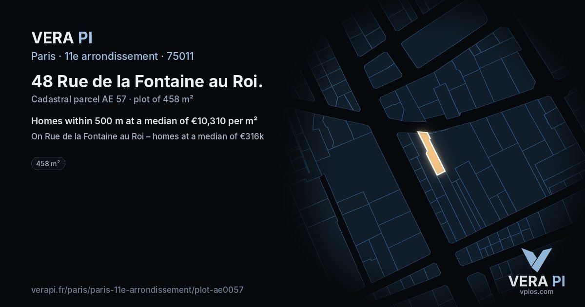48 Rue de la Fontaine au Roi, 11e arrondissement at night – the plot lit, the parcels around coloured by the prices near them