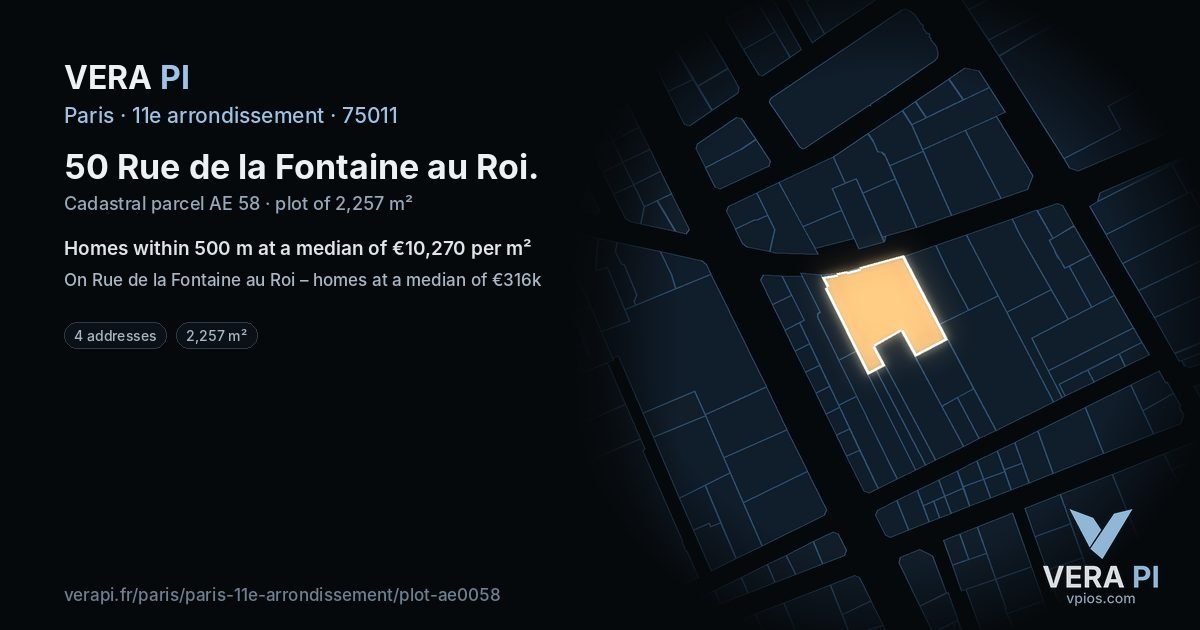 50 Rue de la Fontaine au Roi, 11e arrondissement at night – the plot lit, the parcels around coloured by the prices near them