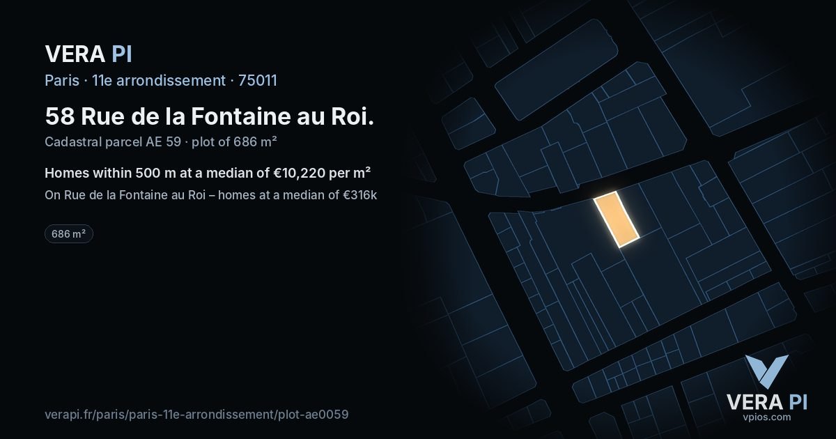 58 Rue de la Fontaine au Roi, 11e arrondissement at night – the plot lit, the parcels around coloured by the prices near them