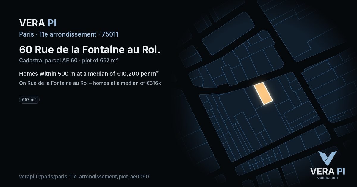 60 Rue de la Fontaine au Roi, 11e arrondissement at night – the plot lit, the parcels around coloured by the prices near them