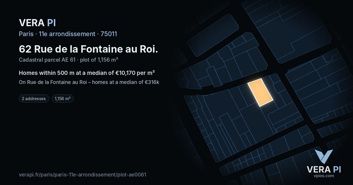 62 Rue de la Fontaine au Roi, 11e arrondissement at night – the plot lit, the parcels around coloured by the prices near them