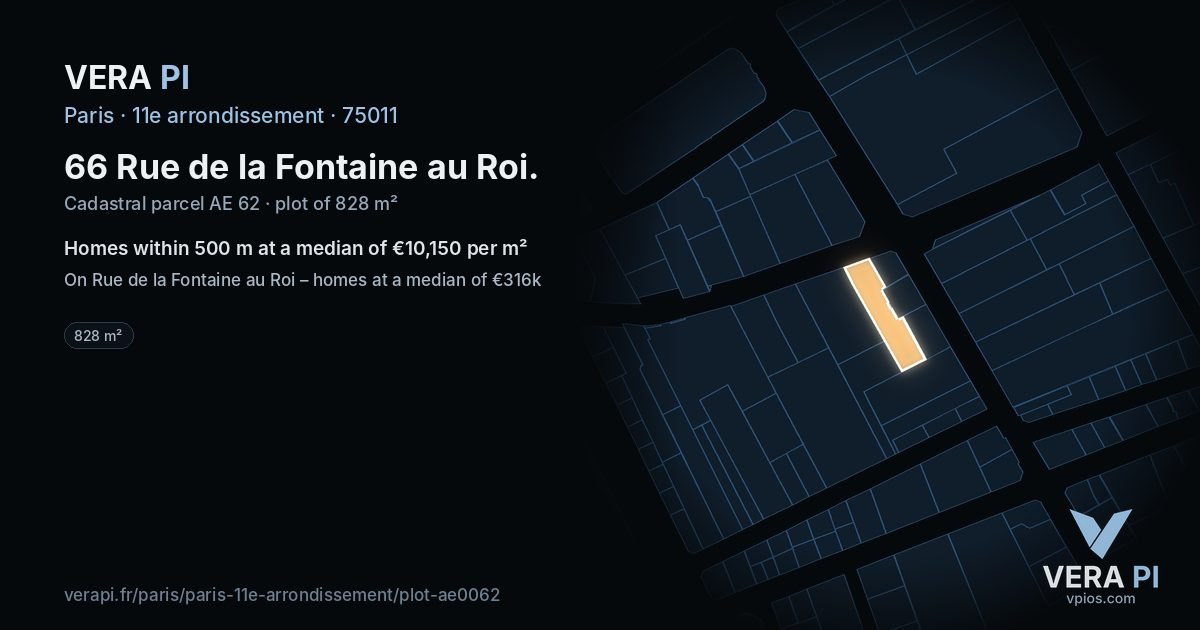 66 Rue de la Fontaine au Roi, 11e arrondissement at night – the plot lit, the parcels around coloured by the prices near them