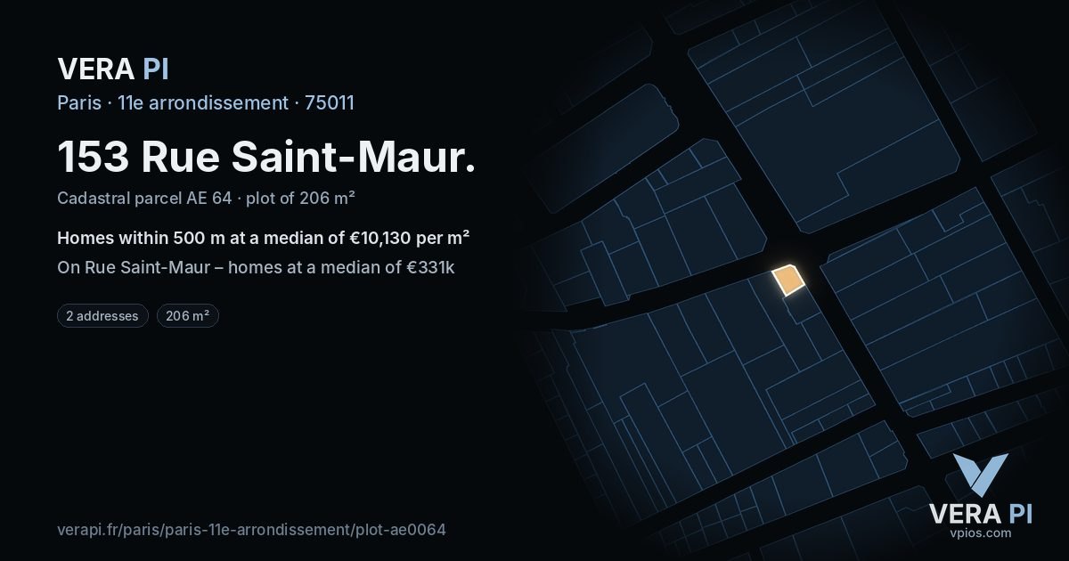 153 Rue Saint-Maur, 11e arrondissement at night – the plot lit, the parcels around coloured by the prices near them
