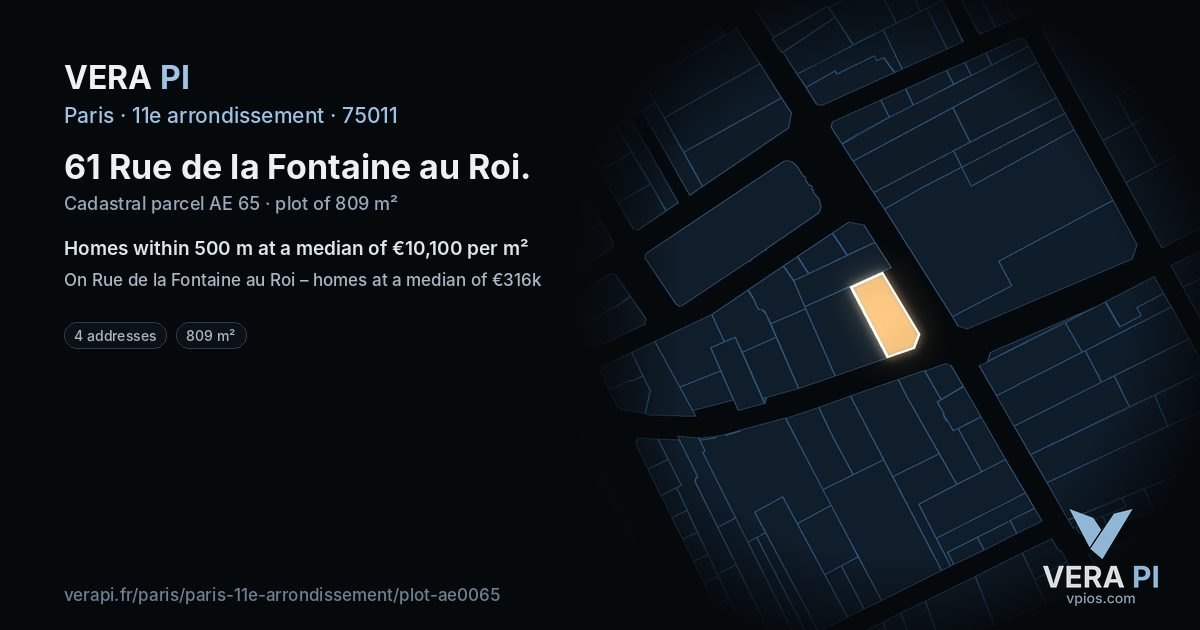 61 Rue de la Fontaine au Roi, 11e arrondissement at night – the plot lit, the parcels around coloured by the prices near them