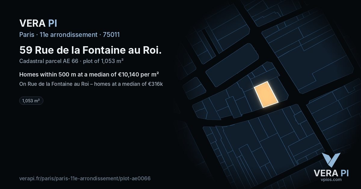 59 Rue de la Fontaine au Roi, 11e arrondissement at night – the plot lit, the parcels around coloured by the prices near them