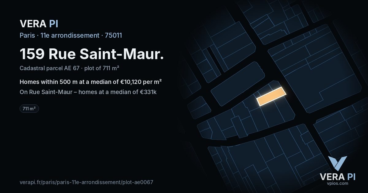 159 Rue Saint-Maur, 11e arrondissement at night – the plot lit, the parcels around coloured by the prices near them