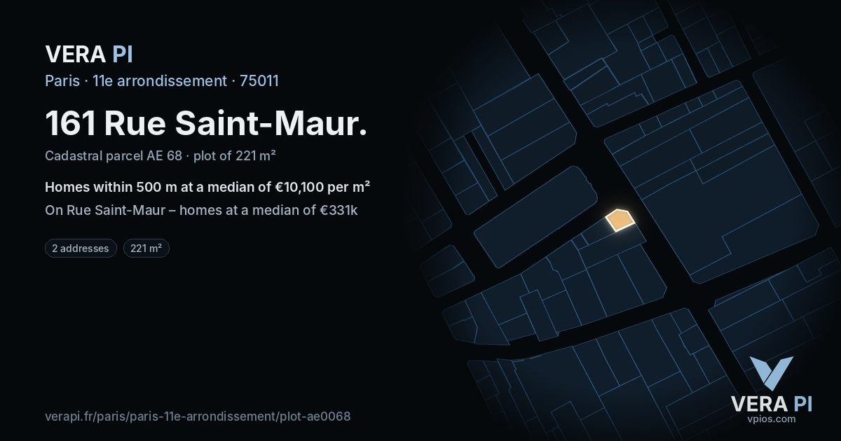 161 Rue Saint-Maur, 11e arrondissement at night – the plot lit, the parcels around coloured by the prices near them