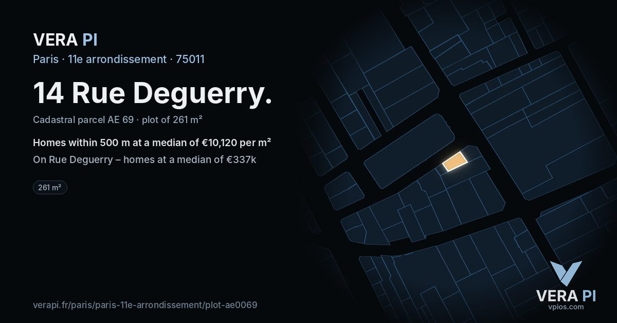 14 Rue Deguerry, 11e arrondissement at night – the plot lit, the parcels around coloured by the prices near them