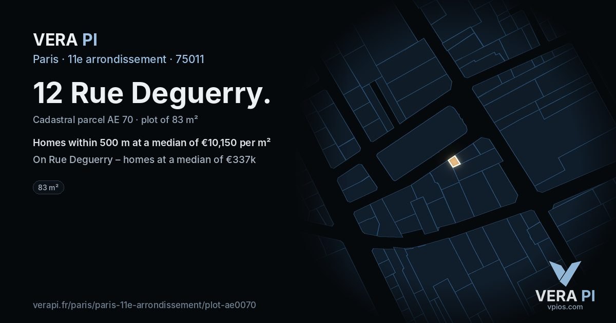 12 Rue Deguerry, 11e arrondissement at night – the plot lit, the parcels around coloured by the prices near them
