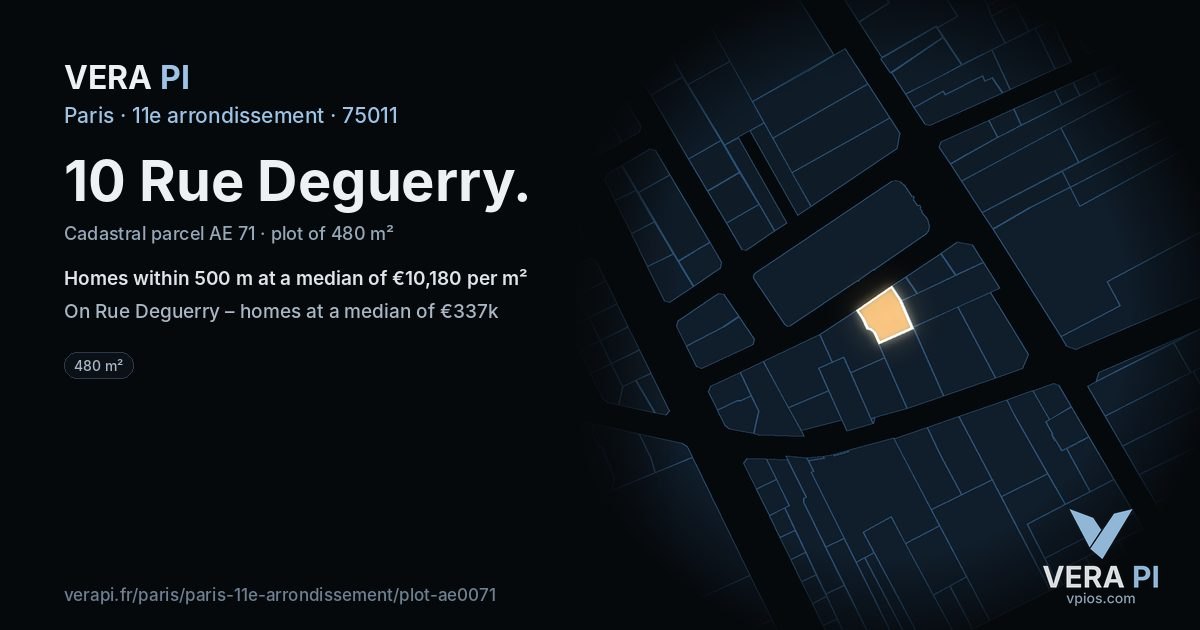 10 Rue Deguerry, 11e arrondissement at night – the plot lit, the parcels around coloured by the prices near them