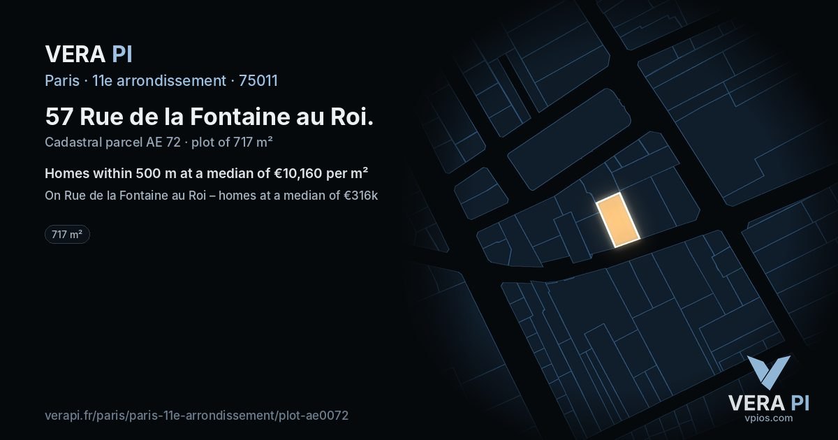 57 Rue de la Fontaine au Roi, 11e arrondissement at night – the plot lit, the parcels around coloured by the prices near them