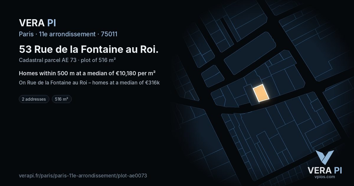 53 Rue de la Fontaine au Roi, 11e arrondissement at night – the plot lit, the parcels around coloured by the prices near them