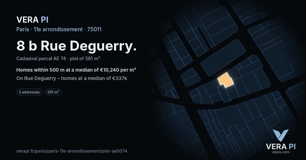 8 b Rue Deguerry, 11e arrondissement at night – the plot lit, the parcels around coloured by the prices near them
