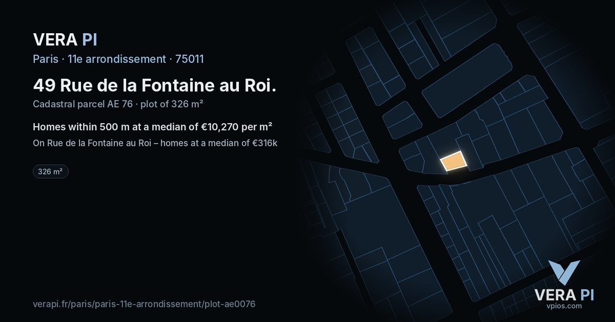 49 Rue de la Fontaine au Roi, 11e arrondissement at night – the plot lit, the parcels around coloured by the prices near them