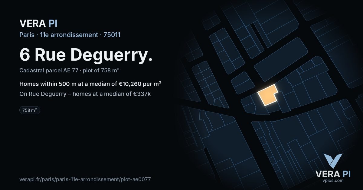 6 Rue Deguerry, 11e arrondissement at night – the plot lit, the parcels around coloured by the prices near them