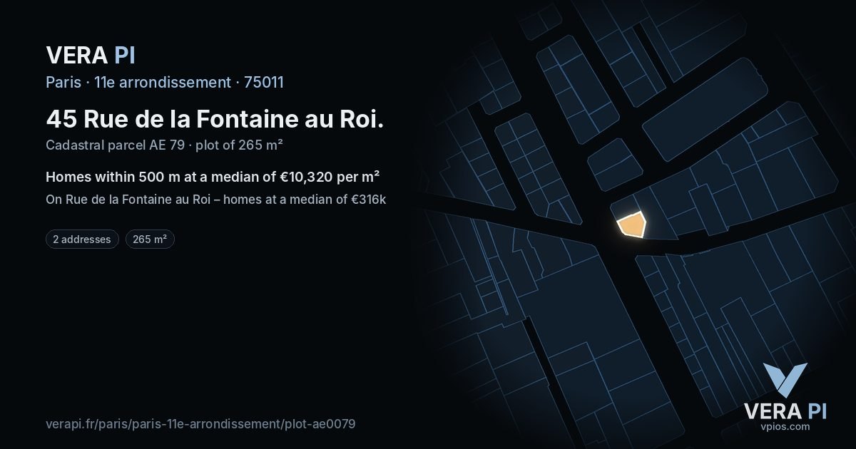 45 Rue de la Fontaine au Roi, 11e arrondissement at night – the plot lit, the parcels around coloured by the prices near them