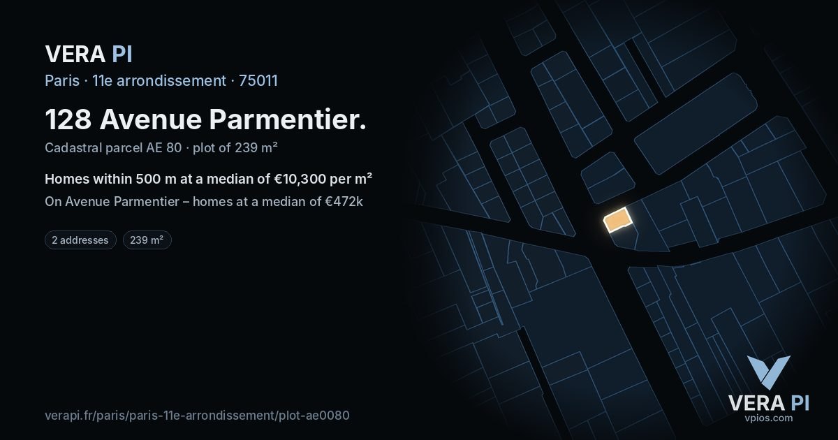 128 Avenue Parmentier, 11e arrondissement at night – the plot lit, the parcels around coloured by the prices near them