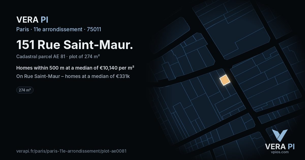 151 Rue Saint-Maur, 11e arrondissement at night – the plot lit, the parcels around coloured by the prices near them
