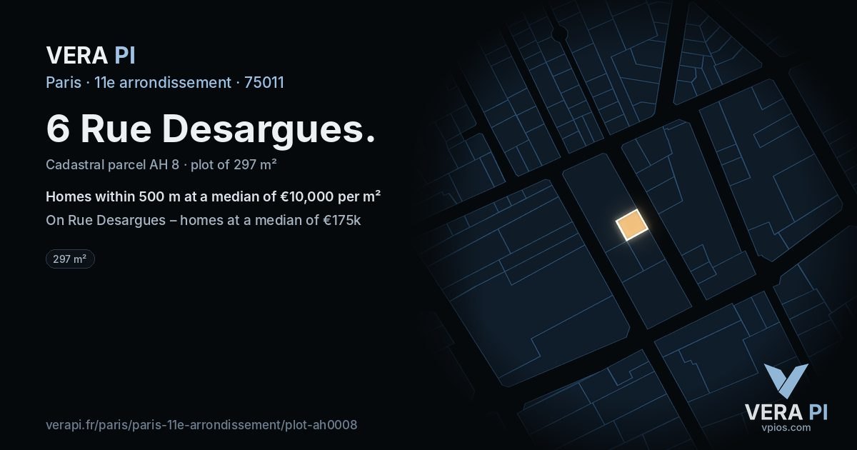 6 Rue Desargues, 11e arrondissement at night – the plot lit, the parcels around coloured by the prices near them