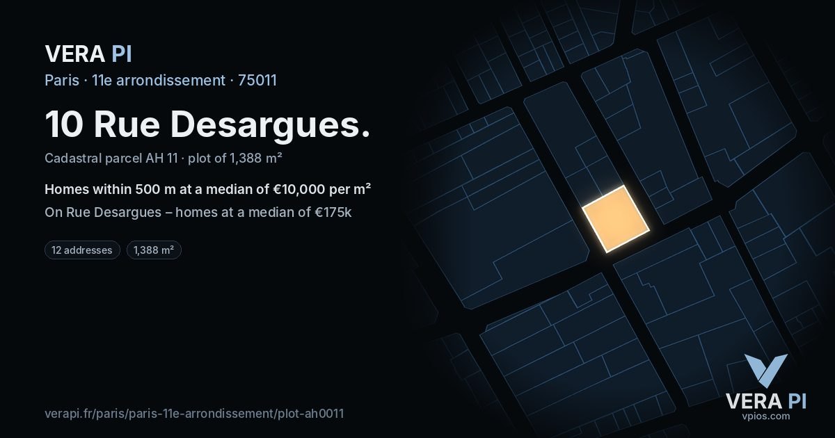 10 Rue Desargues, 11e arrondissement at night – the plot lit, the parcels around coloured by the prices near them