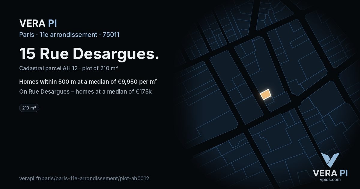 15 Rue Desargues, 11e arrondissement at night – the plot lit, the parcels around coloured by the prices near them