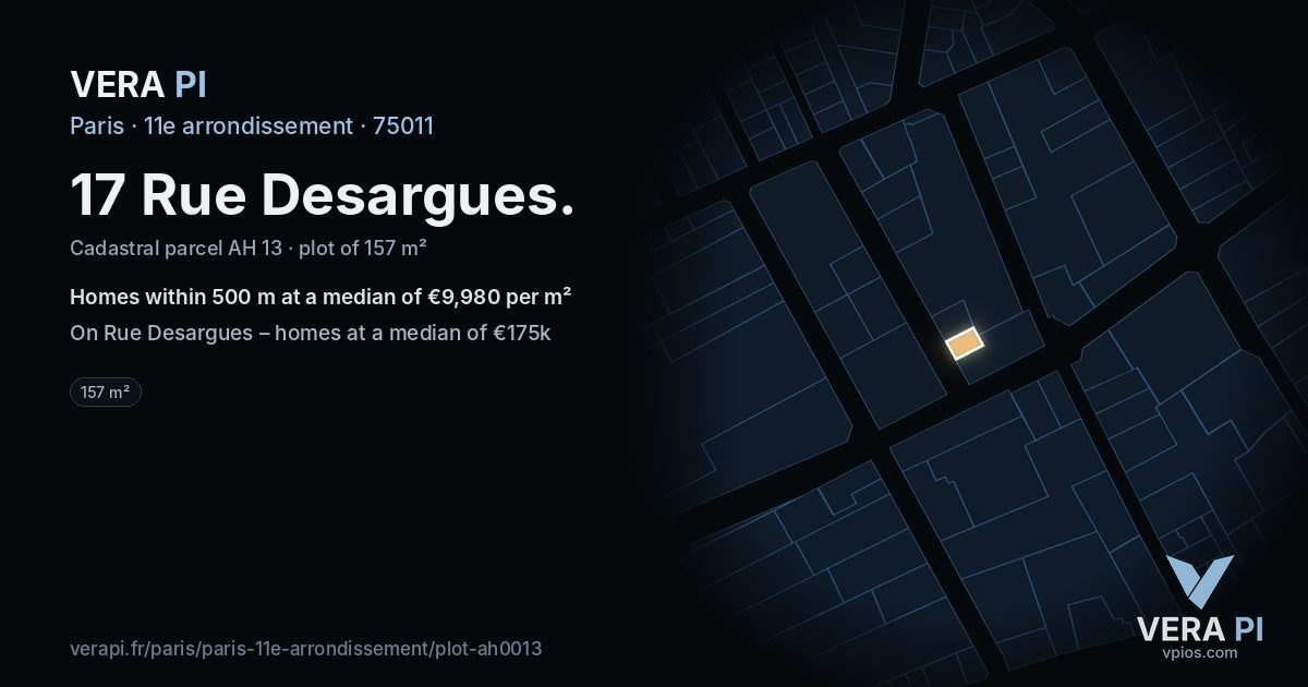 17 Rue Desargues, 11e arrondissement at night – the plot lit, the parcels around coloured by the prices near them