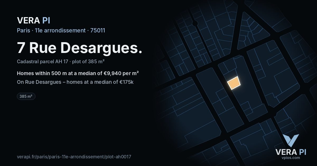 7 Rue Desargues, 11e arrondissement at night – the plot lit, the parcels around coloured by the prices near them