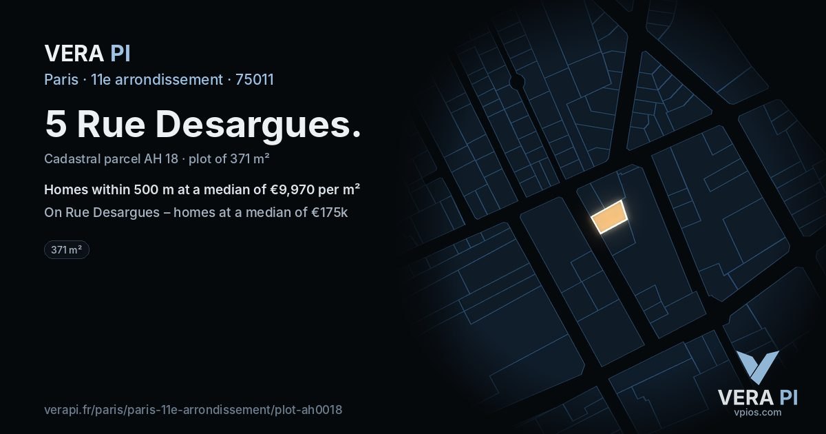 5 Rue Desargues, 11e arrondissement at night – the plot lit, the parcels around coloured by the prices near them