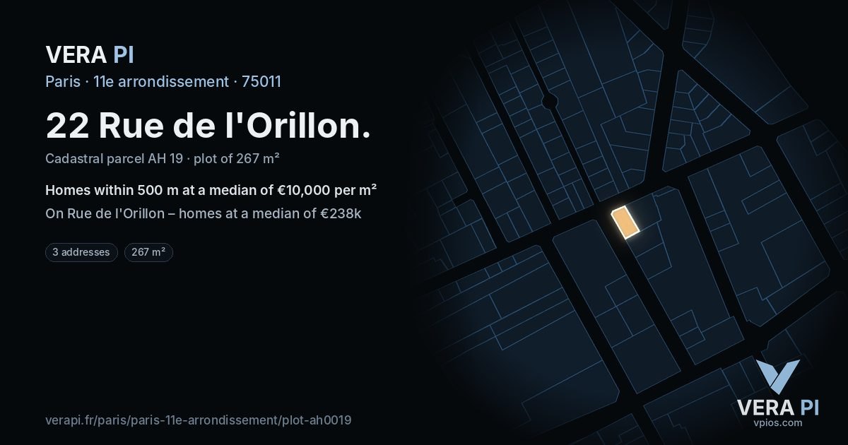 22 Rue de l'Orillon, 11e arrondissement at night – the plot lit, the parcels around coloured by the prices near them
