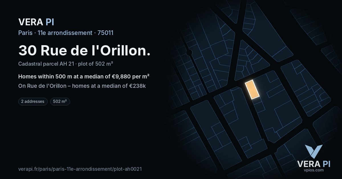 30 Rue de l'Orillon, 11e arrondissement at night – the plot lit, the parcels around coloured by the prices near them